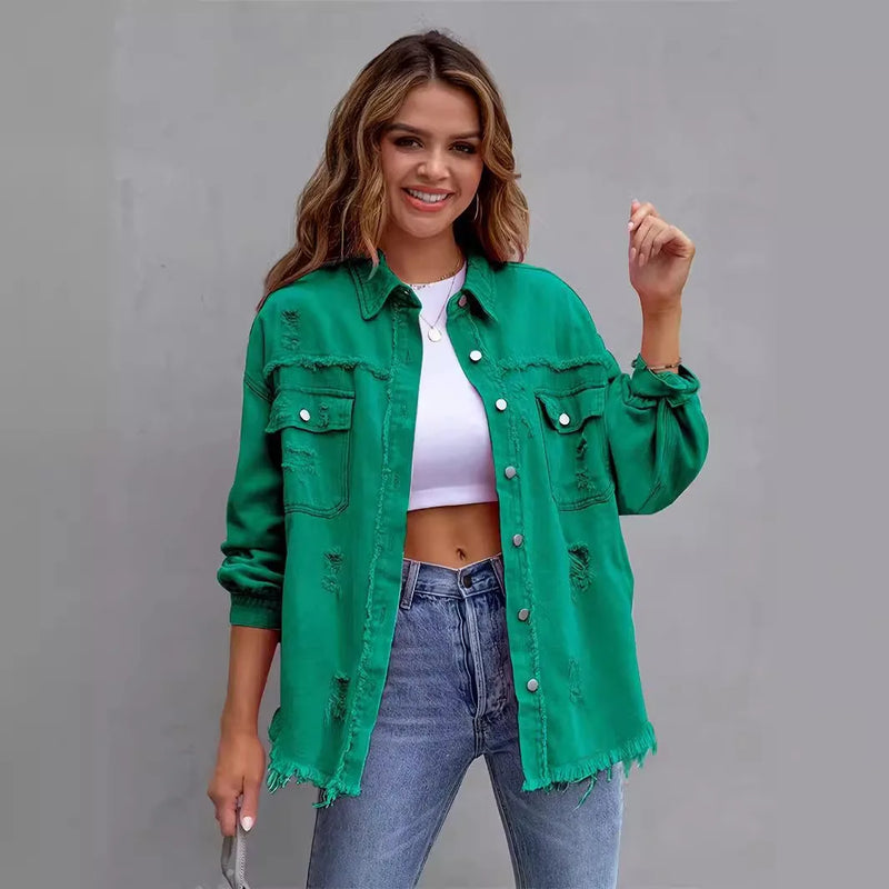 Mid-length Hole Long-Sleeved Denim Jacket Denim Jacket Women.
