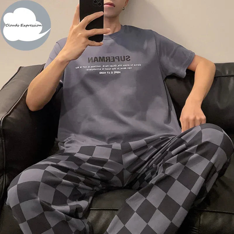 Summer Knitted Plaid Cool Mens Pyjamas Pajamas Casual Pjs Lounge Sets.