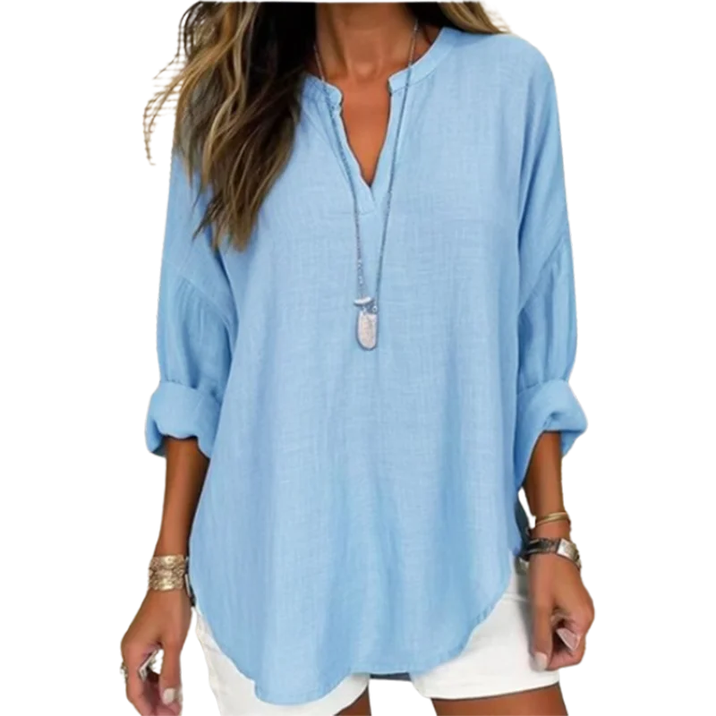 Women's Casual Loose Long Sleeve V-Neck T-Shirt Autumn Fashion Elegant Blue Top.