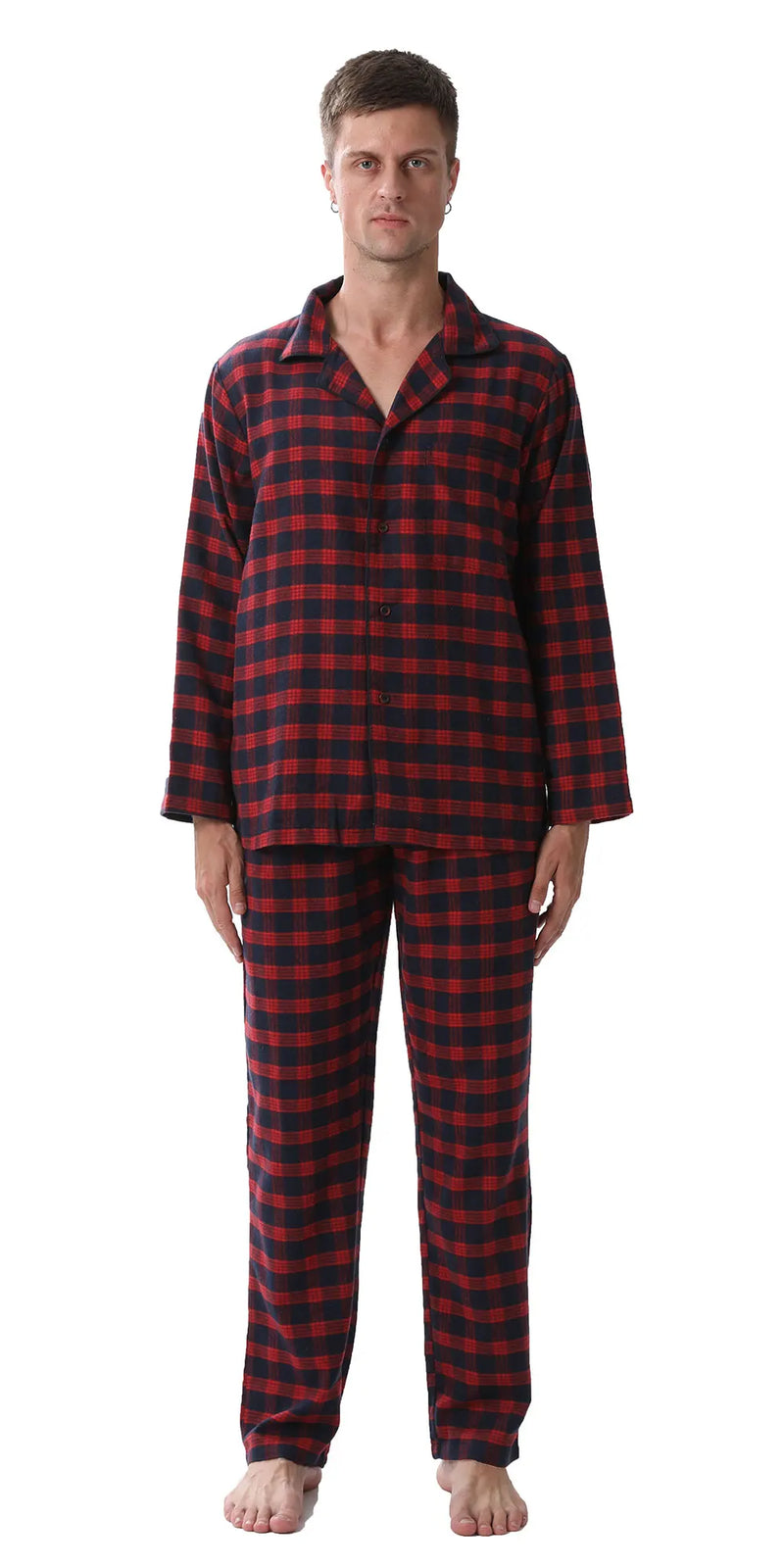 Mens Flannel Pajama Sets Cotton Plaid Pajamas for Men Pjs Set.