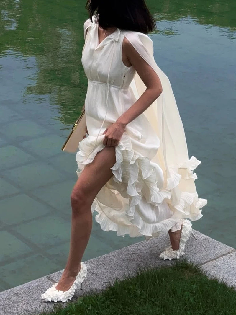 VGH Solid Spliced Ruffles Cape Long Dresses for Women.