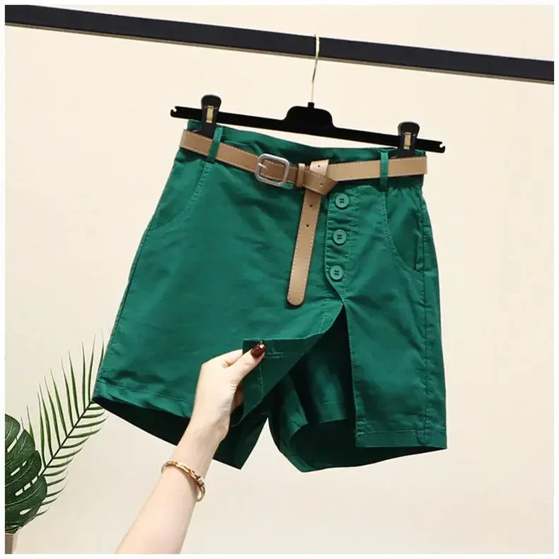 Solid Shorts Women Korean Fashion High Waist Side-slit Button Designed Chic.