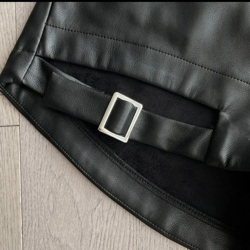 Leather High Waist Casual Shorts Plus Velvet Women Button Solid Hollow.