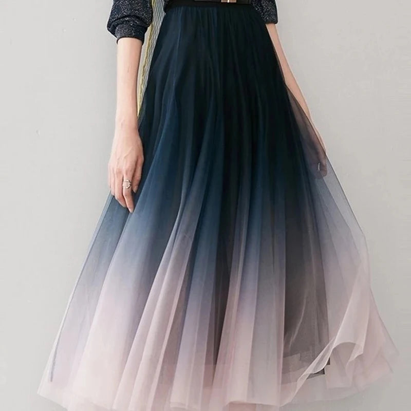 Elegant Tulle Skirts Women High Waist Gradient Mesh Pleated Midi Skirt.