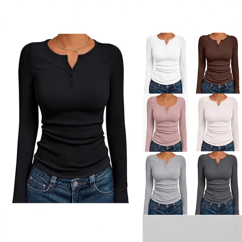 Fashionable Women's Long Sleeve Slim Fit Autumn Henry Collar T-Shirt.