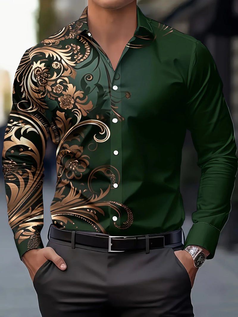 Men's Stylish Red Floral Print Dress Shirt - Casual Long Sleeve Button-Up.