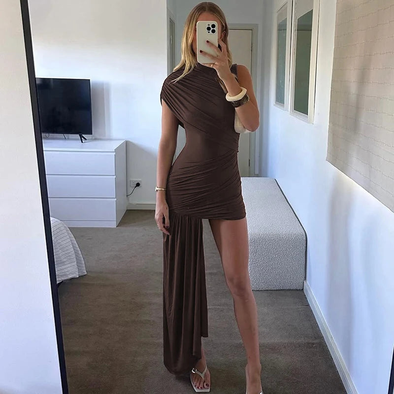Mozision Irregular Draped Ruched Sexy Mini Dress For Women.