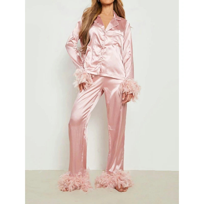 Combhasaki Women's Silk Satin Pajamas Set Feather Trim Cuff 2 Piece.