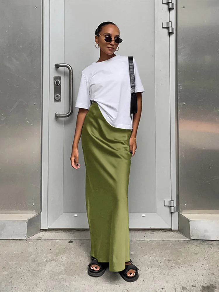 Elegant Satin Black Trumpet Skirts Fashion Slim High Waist Skirts Women.
