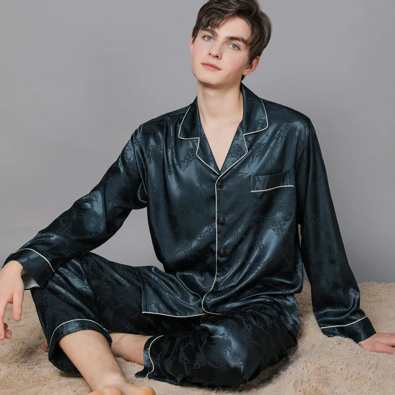 Men Ice Silk Pajamas Suit Summer Plus Size.