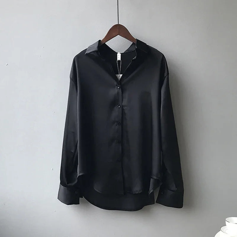 Elegant Satin Loose Women Shirt Spring Turn-down Collar Ladies Blouse.