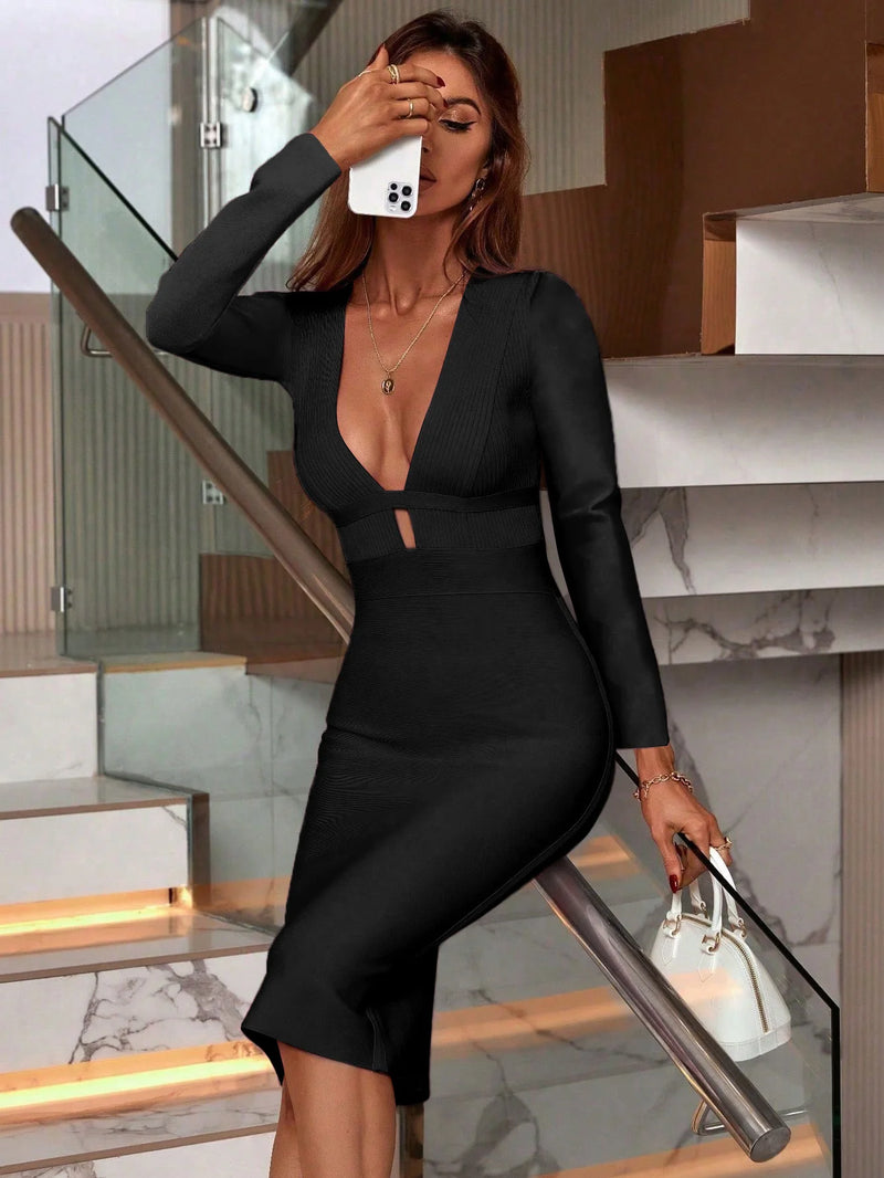 Women's Fashion Spring Summer Sexy Elegant Black Long Sleeve Midi Backless.