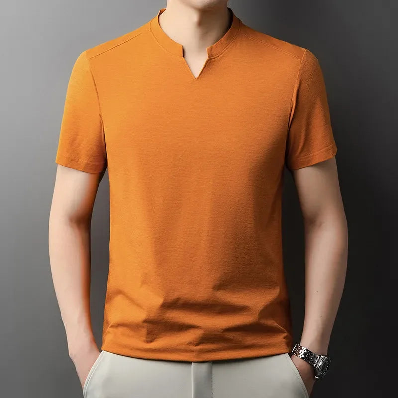 Korean Men's Casual and Fashionable Small V-neck Solid Color Short Sleeved T-shirt.