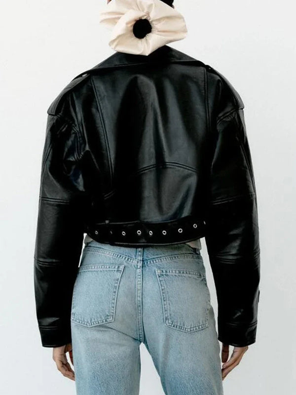 Women Oversized Vintage Loose Pu Faux Leather Short Jacket.