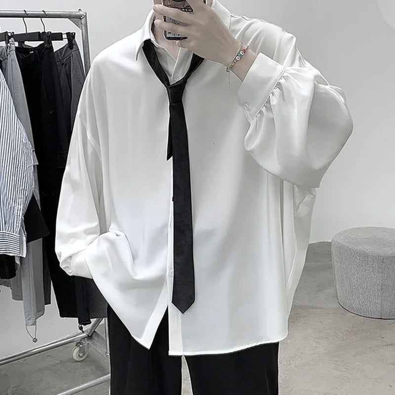 Korean Style Men's Long-sleeved Shirts Black Tie Cozy Casual.
