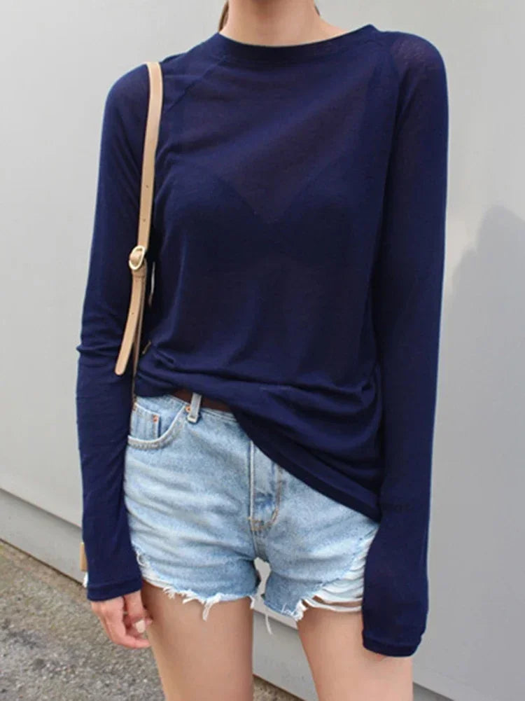 Korean Style Top Spring Summer Blue Casual T-Shirt For Women.