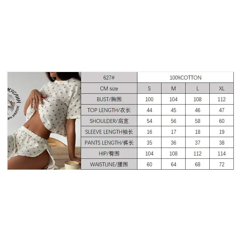 Women Pajamas Set Summer Thin Love Print Crepe Pure Cotton.