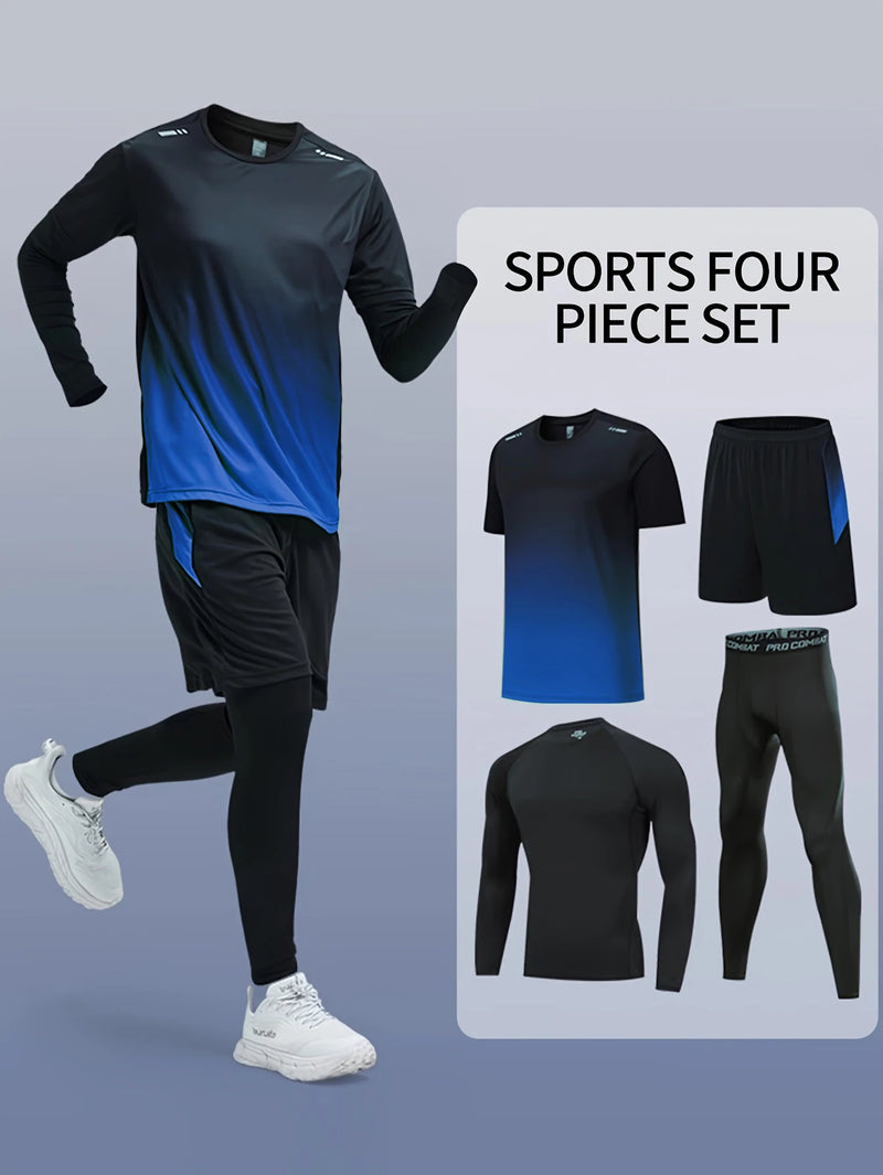 Men's Sports 4pcs Set, High Stretch Gradient Color T-shirt Active Shorts Leggings.