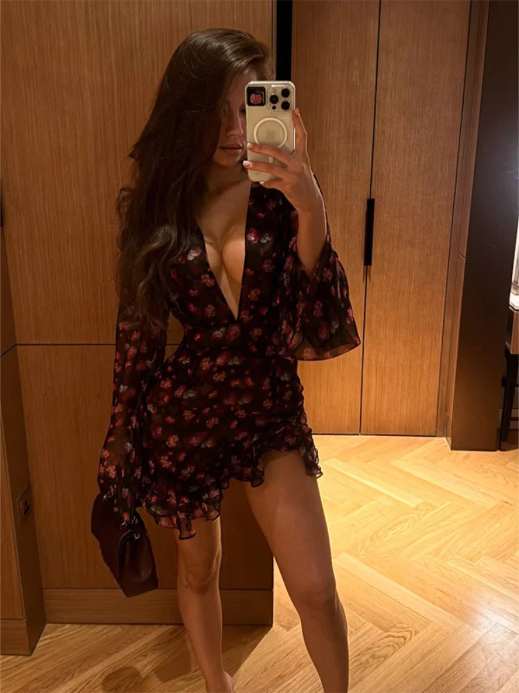 Lady Sexy Flora Painted Ruffle Slim Dress Women Chic.