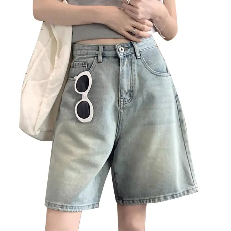 Retro Denim Shorts for Women Summer High Waist Five-point Pants.