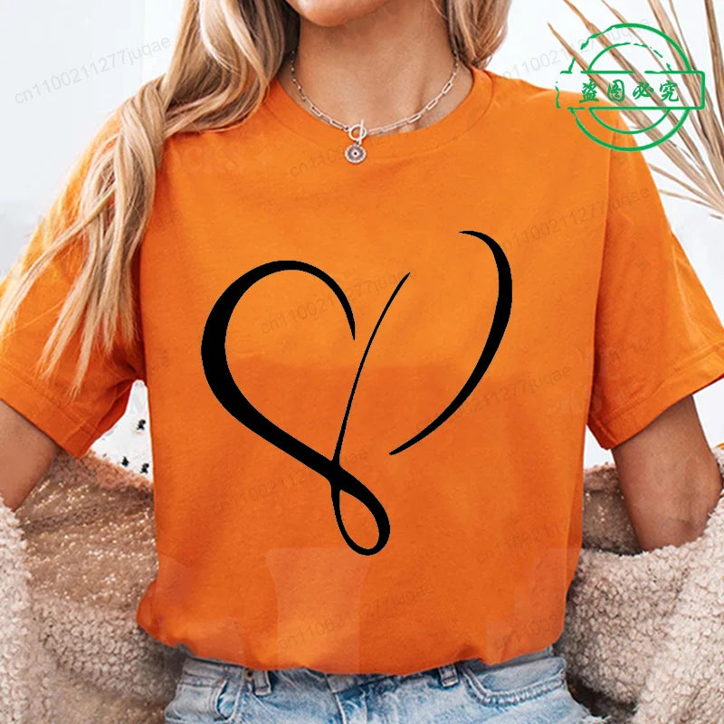 Women Love Heart Design T-Shirts Fashion Casual Short Sleeve.