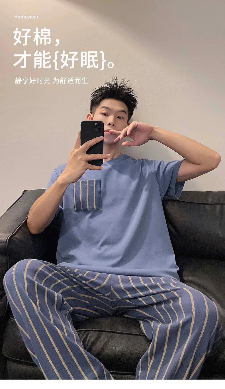 Summer Knitted Plaid Cool Mens Pyjamas Pajamas Casual Pjs Lounge Sets.