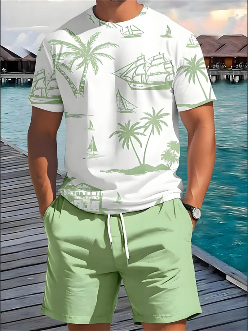 Summer Men's Short Sleeve Palm Tree Print T Shirt Fashion.