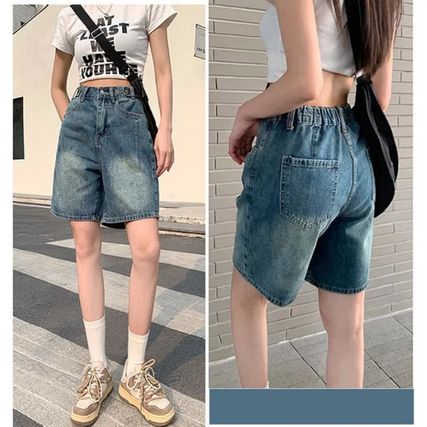 Women's Denim Shorts American Retro High-Waisted Jean Shorts Korean Style.