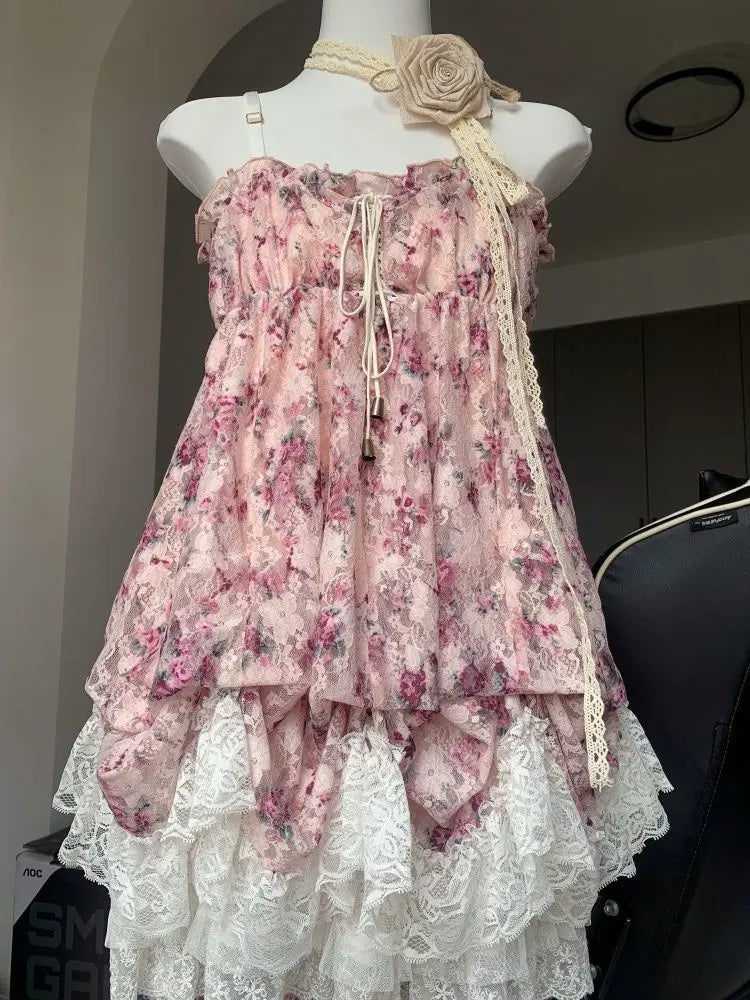 Women’s  Sweet Kawaii Y2k Min Dress Lolita Cute Sleeveless Floral Dress.