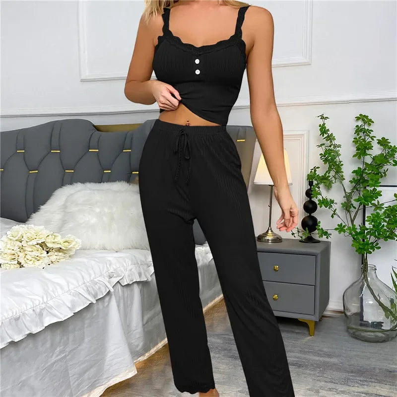 Autumn Winter Two Pieces Pajamas Set for Women Sleepwear.