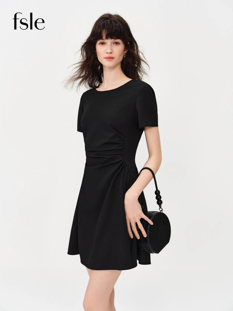 Women's Black Midi Dress, Crew Neck Short Sleeve Waist-Cinching.