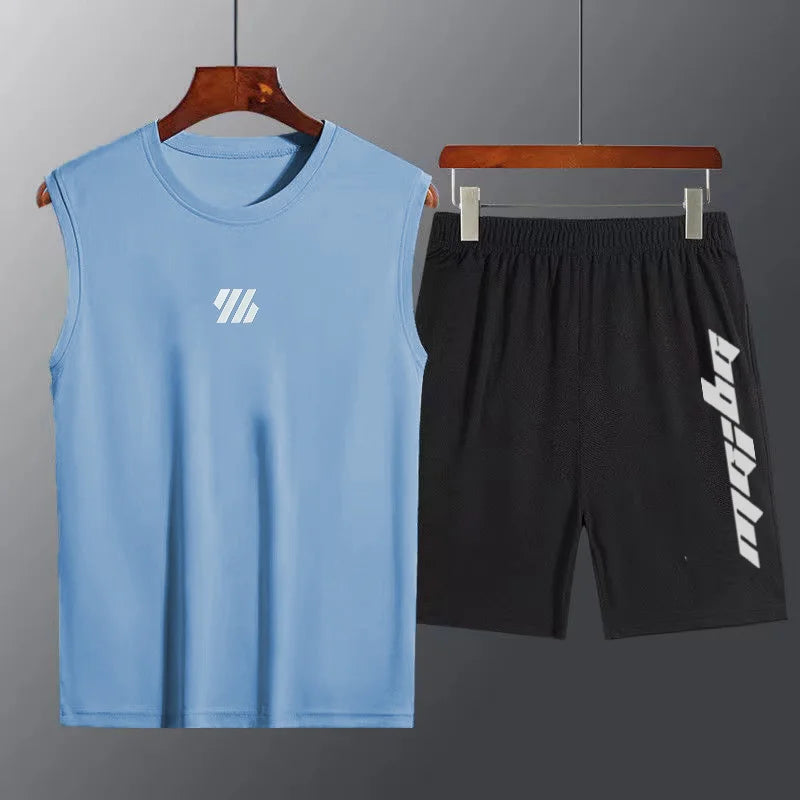 2 Pcs/Set Sports Set Men's Suit Running Vest+Sport Shorts Jogging.