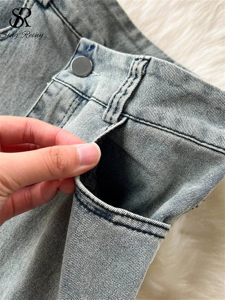 SINGREINY Streetwear Irregular Design Denim Two-piece Set Strapless Button.