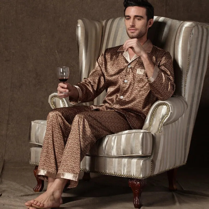 High Quality Pajamas Set Men Spring Autumn Thin Polyester Ice Silk Long-sleeved Sleepwear.
