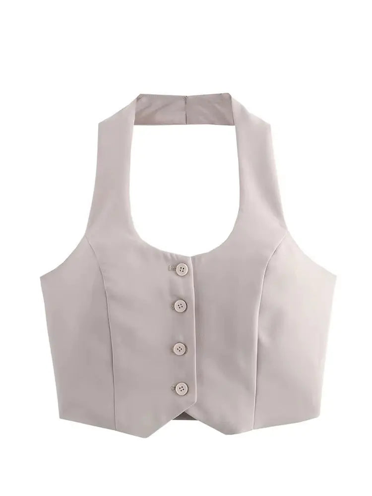 Women Fashion Solid Vest Pant Suit Single Breasted Halter Cropped Vests Top.