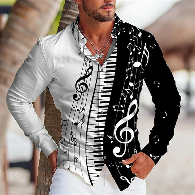 Summer Men's Long Sleeves Shirt with Musical Instrument Symbol Pattern Printed.