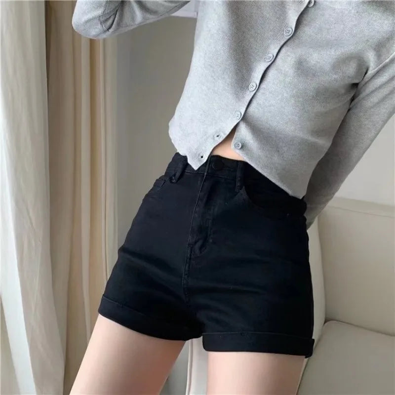 Denim Shorts Female Jeans Summer New High Waist Loose Fit Black Slimming.