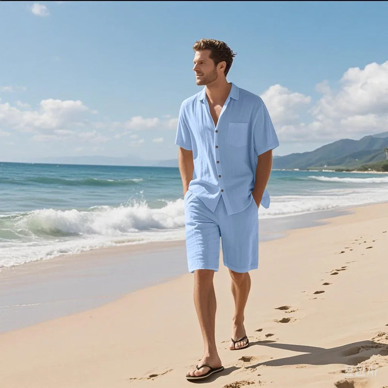 Summer Men's suit is a linen shirt short-sleeved and two-piece shorts set.