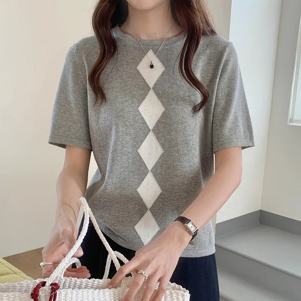 Summer Women's Cotton Casual T-Shirt Knitted Pullover Short Sleeve.