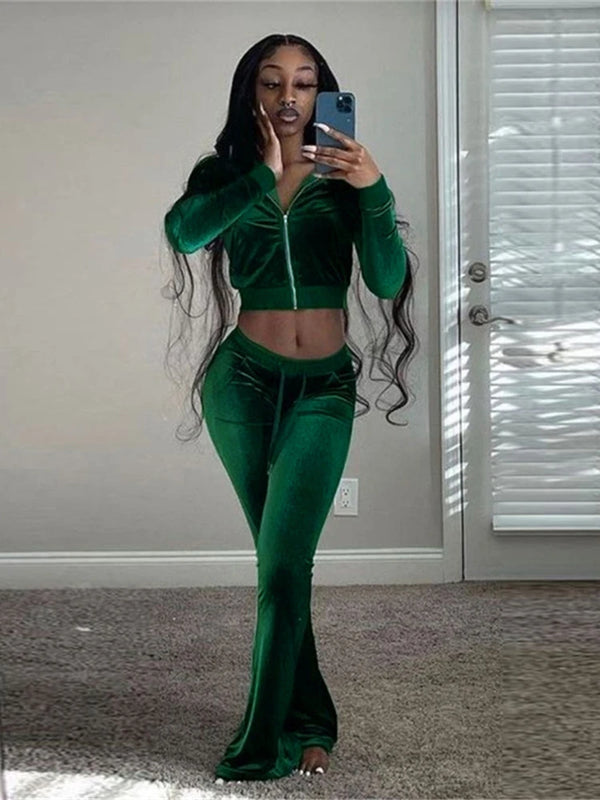 Kliou Solid Velour Two Piece Set Women Simple Casual Zipper Long Sleeve.