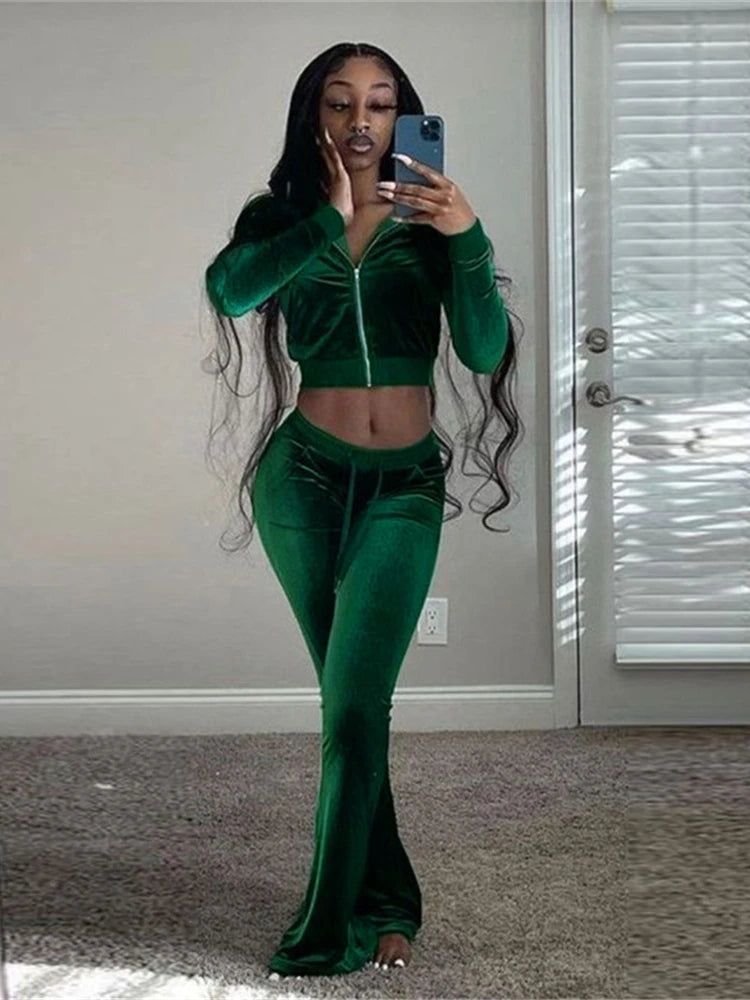 Kliou Solid Velour Two Piece Set Women Simple Casual Zipper Long Sleeve.