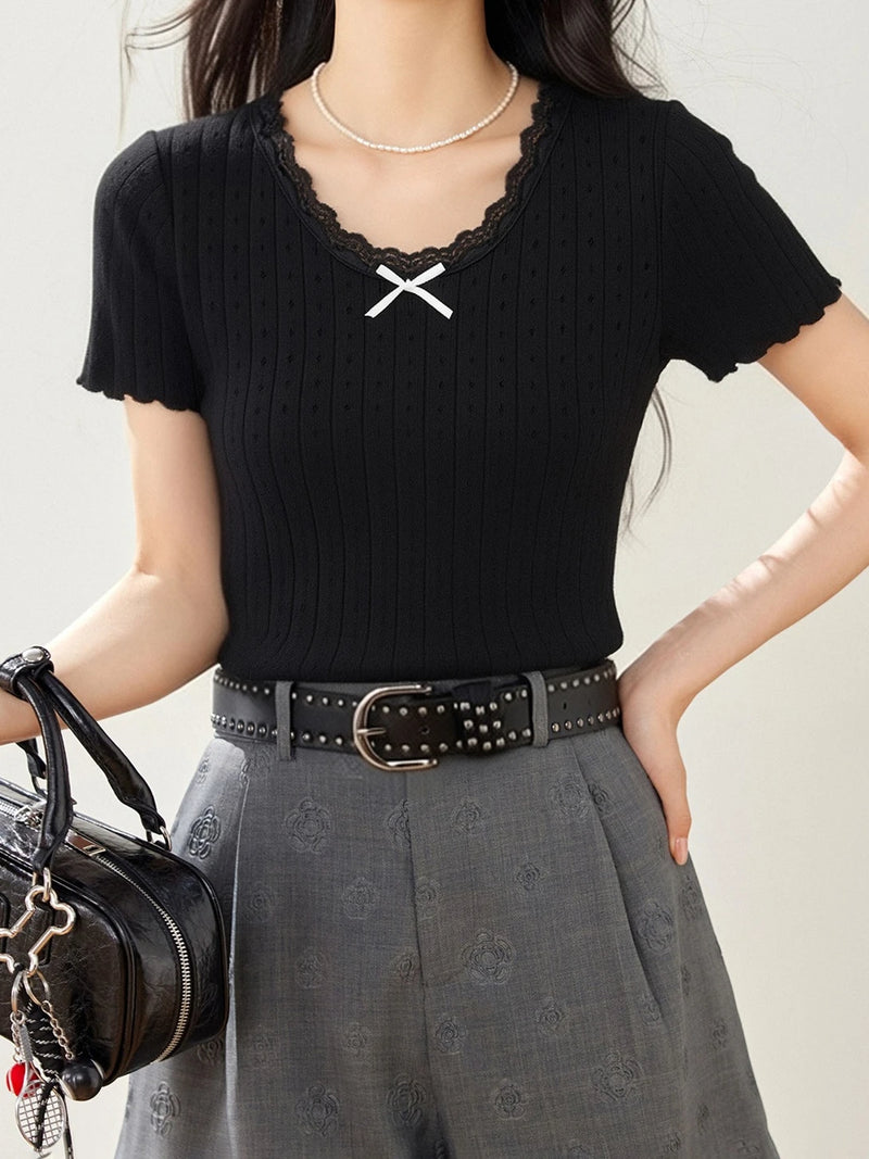 Korean Retro Front-Tie Bowknot Lace Jacquard Short Sleeve T-Shirt.