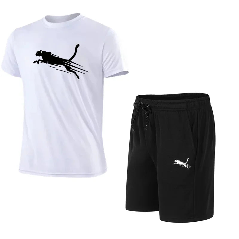 Summer Men's Running Set Cheetah Print Casual T-shirt And Shorts Two-Piece.