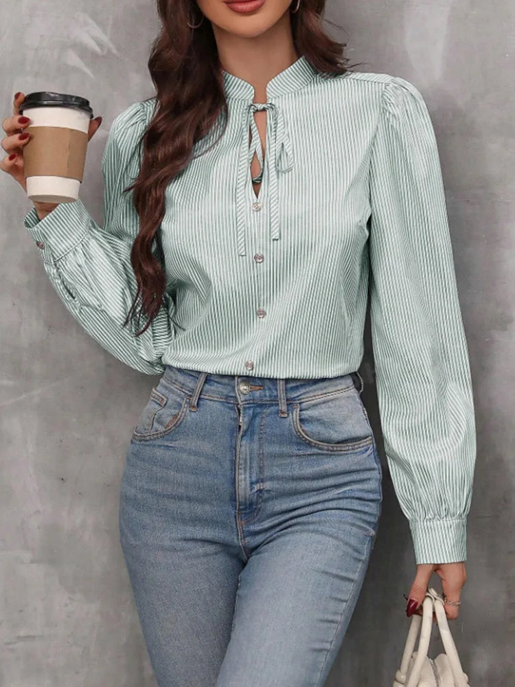 Women V-Neck Button Down Long Sleeve Top Solid Color Striped Shirt.