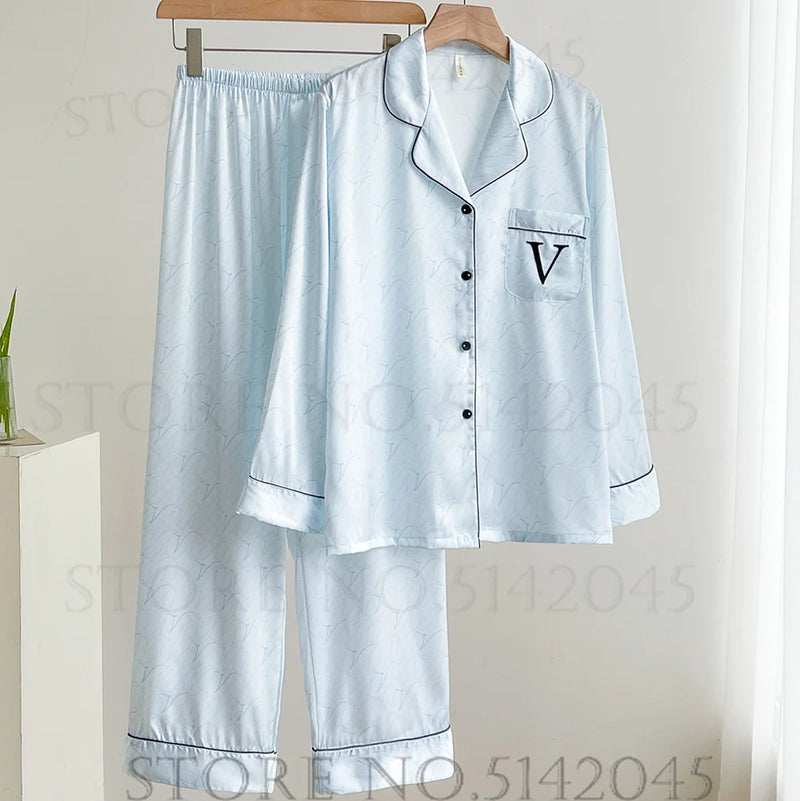 Pink Print Women 2PCS Pajams Set Spring Summer Sleepwear Loungewear.