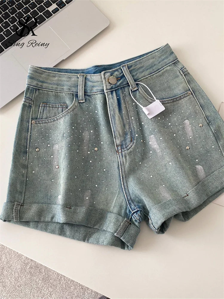 SINGREINY Beading Denim Streetwear Shorts Ladies Slim.
