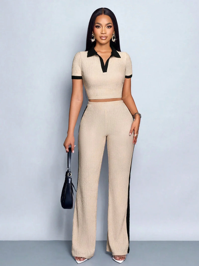 Women's Summer Casual Color Block Polo Collar Short Sleeve T-shirt and Flared Pants.