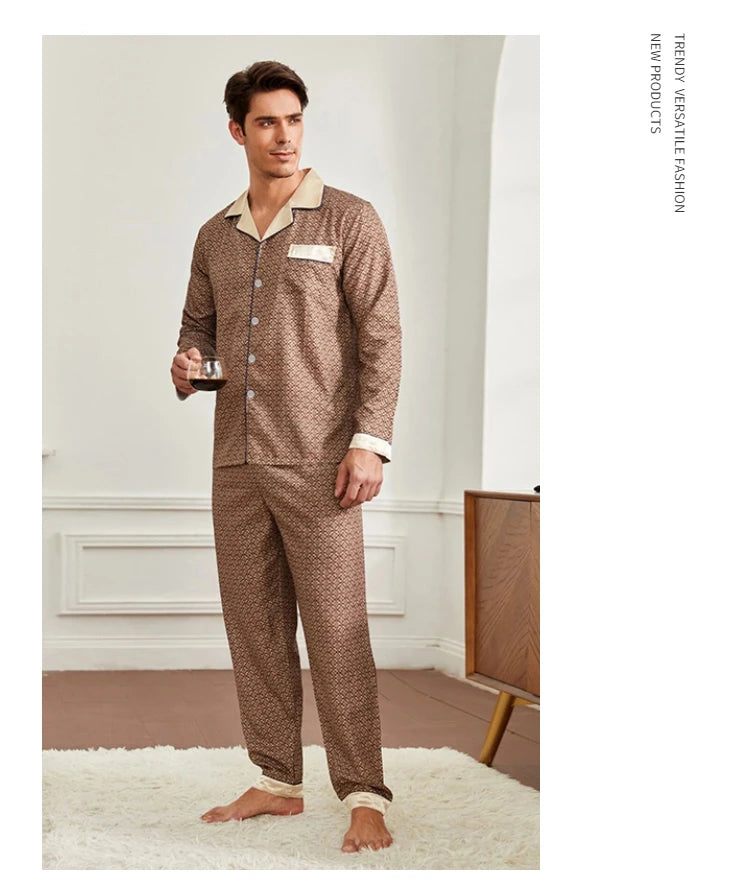 High Quality Pajamas Set Men Spring Autumn Thin Polyester Ice Silk Long-sleeved Sleepwear.