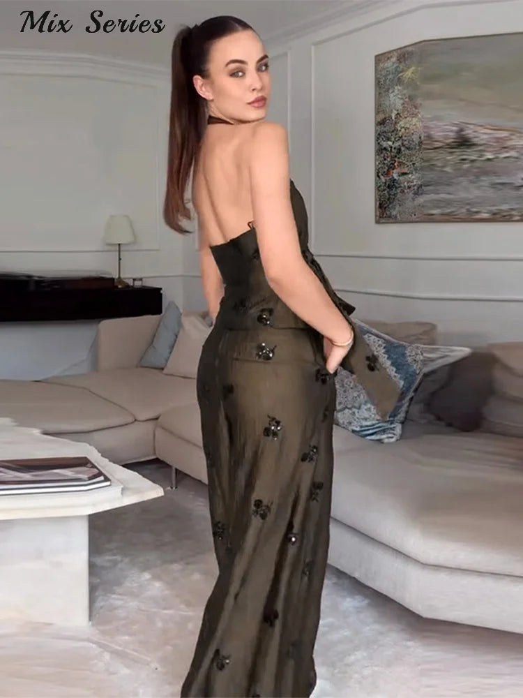 Fashion Sequin Solid Two-Piece Set Women's V-Neck Halter Lace Up Backless.