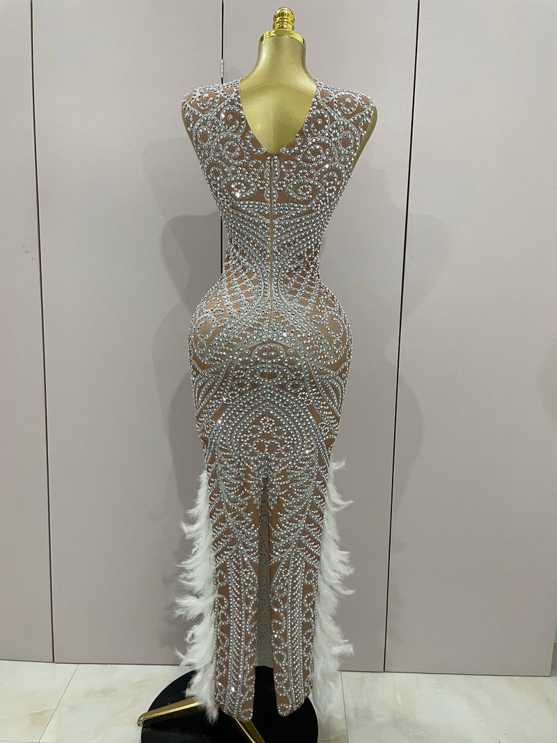 Women Sparkly Rhinestone Feathers Sleeveless O Neck Bodycon Long Dress.